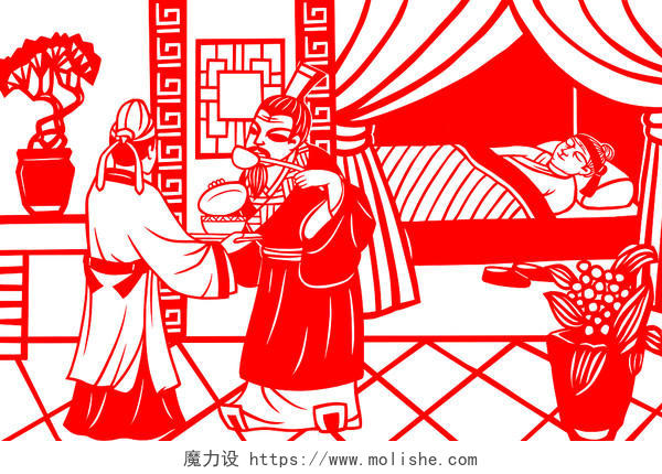 红色剪纸插画素材二十四孝亲尝汤药故事中国风